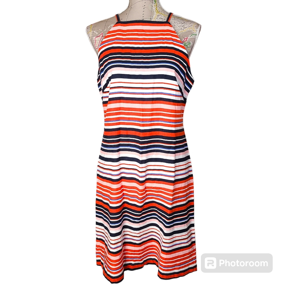 Tommy Hilfiger Size 10 Linen Blend Orange Navy Blue Halter A-Line Mini Dress